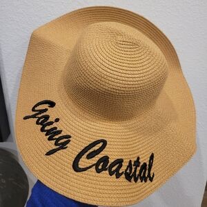 Tan Wide Brim Beach Hat with Black Embroidery "Going Coastal"